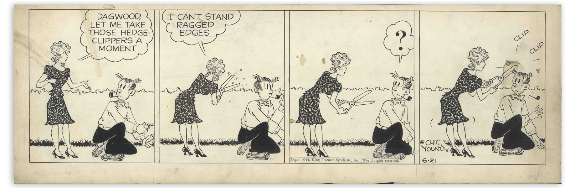 Chic Young Hand-Drawn ''Blondie'' Comic Strip From 1944 Titled ''The Barber's Itch'' -- Dagwood Gets a Haircut
